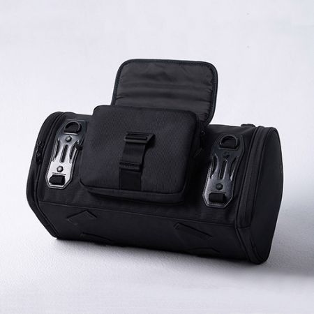 Round Rigid shape motorcycle Rear bag, Durable textured fabrication, Flap closure with hook front pocket, four webbing loop attachment at the bottom securely attach the bag on the seat with quick release buckle straps.